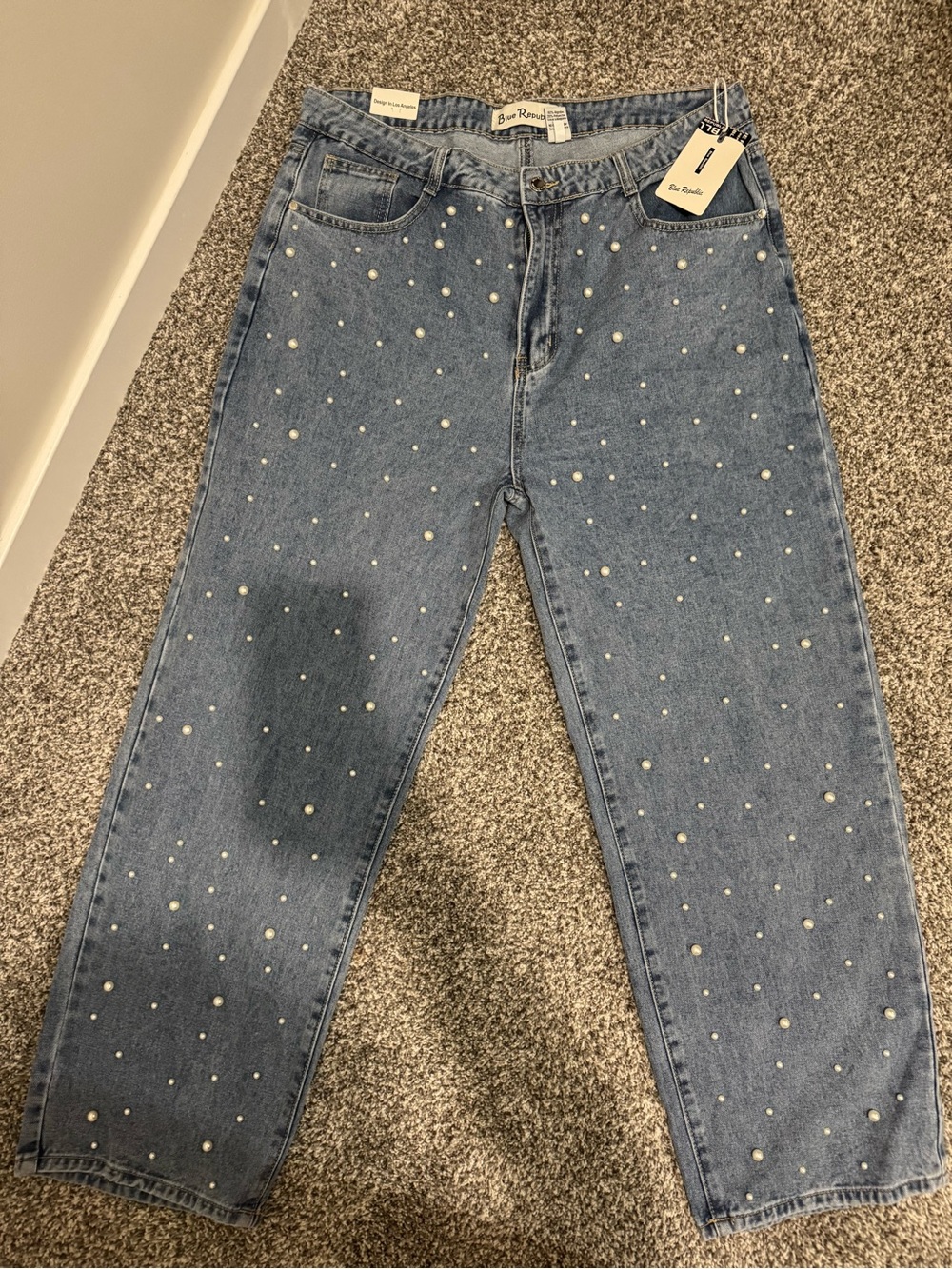 Bea Raymond Light Blue Pearl-Embellished Boyfriend Jeans
